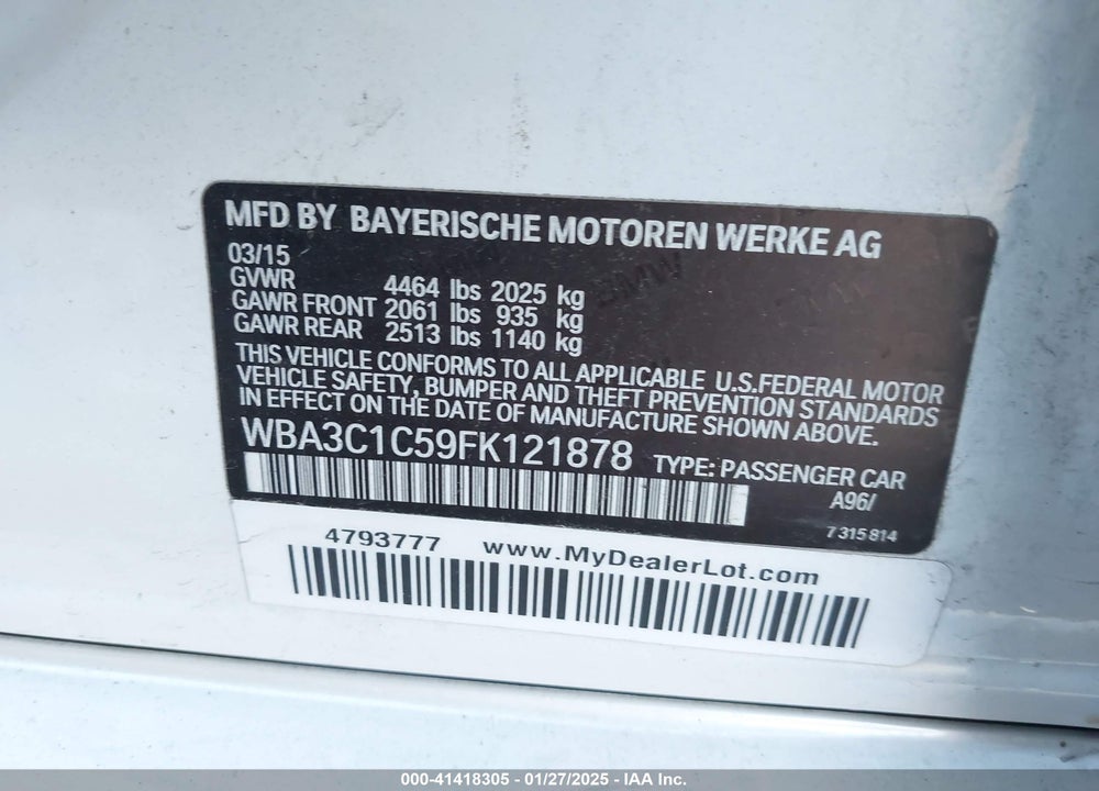2015 BMW 328I VIN: WBA3C1C59FK121878