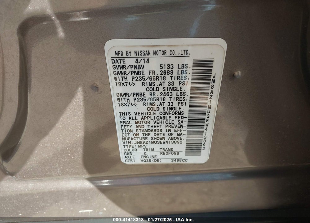 2014 NISSAN MURANO SV VIN: JN8AZ1MU3EW413892