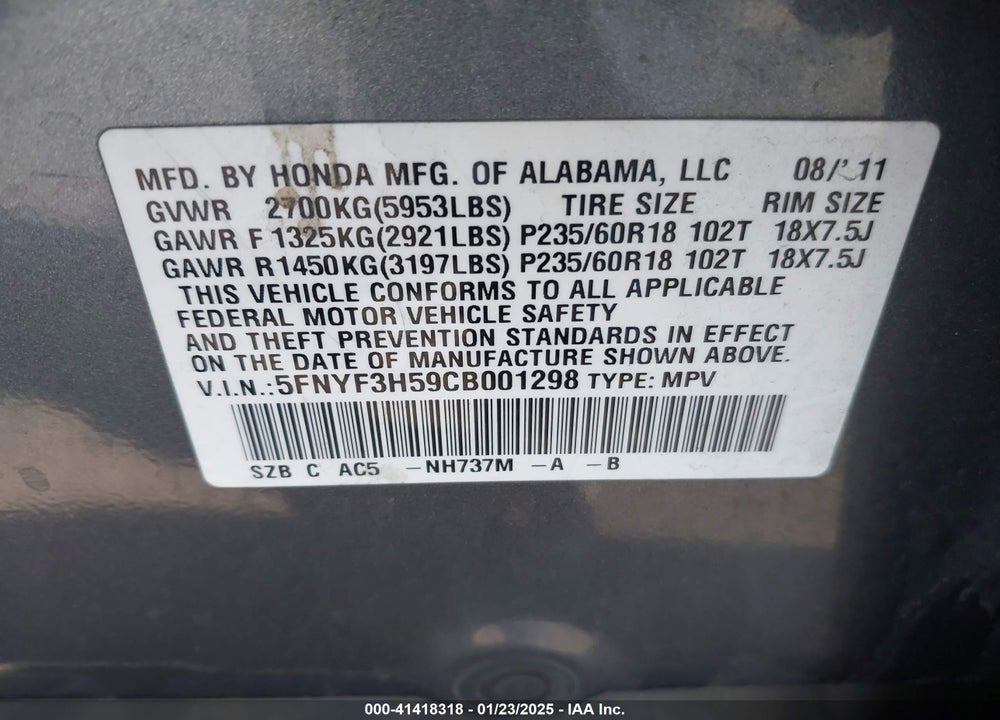 2012 HONDA PILOT EX-L VIN: 5FNYF3H59CB001298