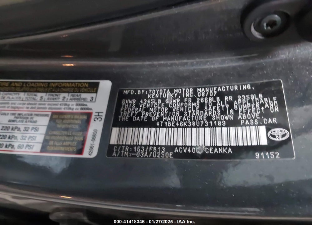 2008 TOYOTA CAMRY LE VIN: 4T1BE46K38U731189