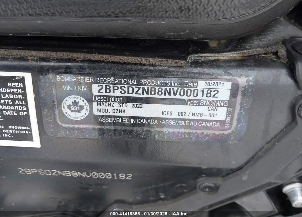 2022 SKI DOO OTHER VIN: 2BPSDZNB8NV000182