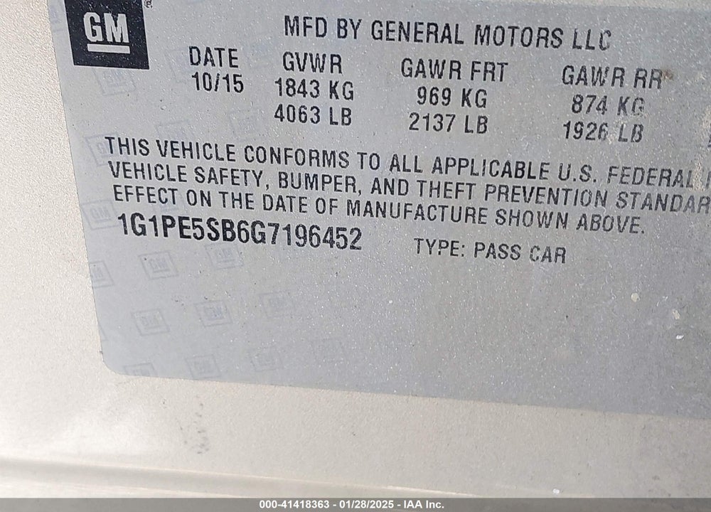 2016 CHEVROLET CRUZE LIMITED VIN: 1G1PE5SB6G7196452