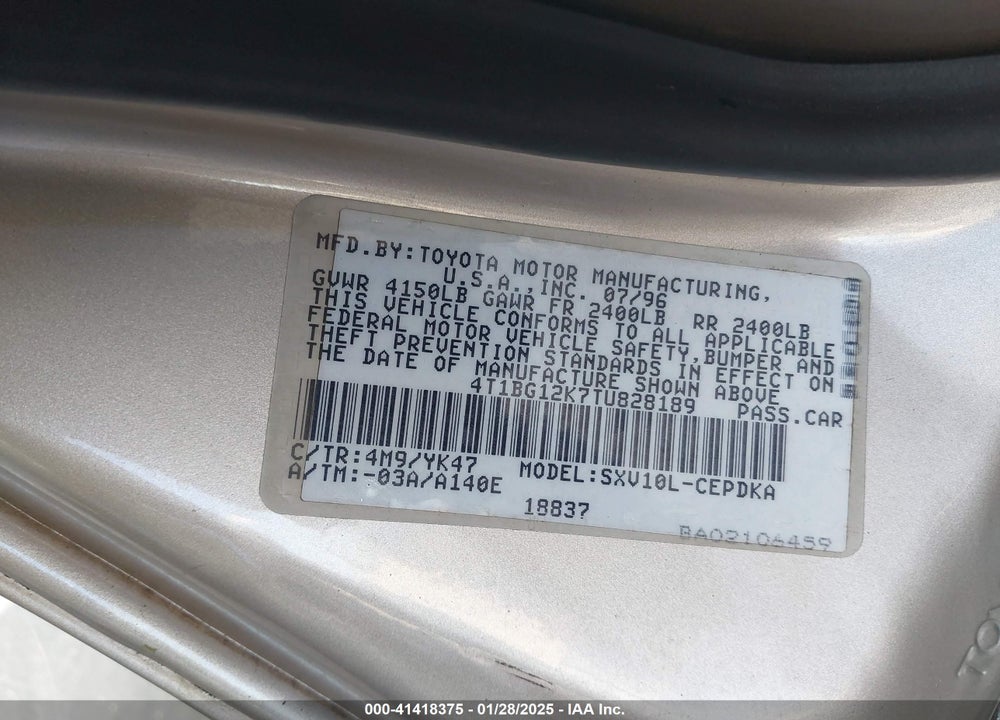 1996 TOYOTA CAMRY DX/LE/XLE VIN: 4T1BG12K7TU828189