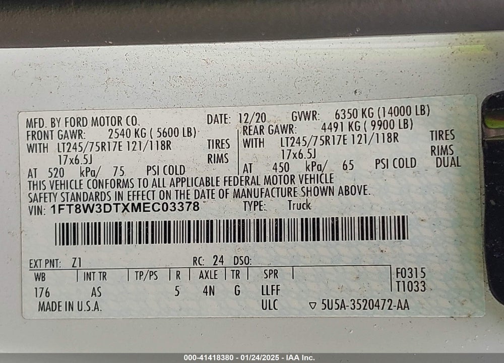2021 FORD F-350 XL VIN: 1FT8W3DTXMEC03378