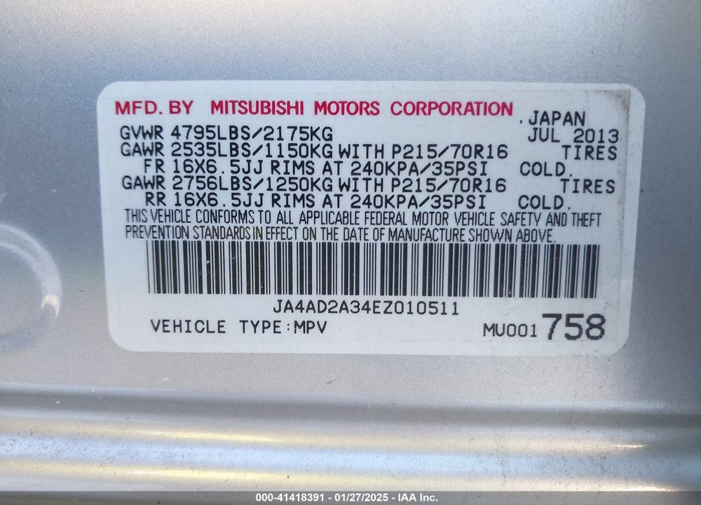 2014 MITSUBISHI OUTLANDER ES VIN: JA4AD2A34EZ010511