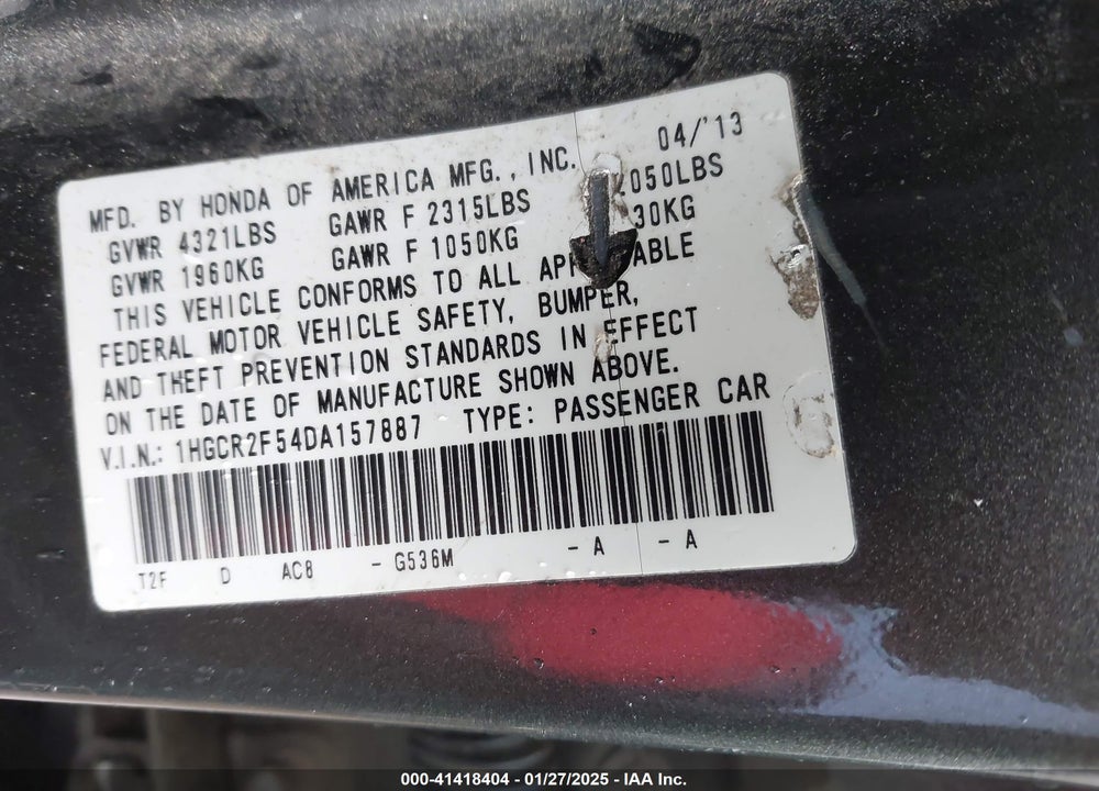 2013 HONDA ACCORD VIN: 1HGCR2F54DA157887