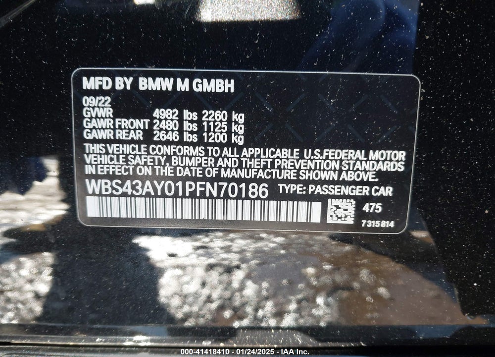 2023 BMW M3 VIN: WBS43AY01PFN70186