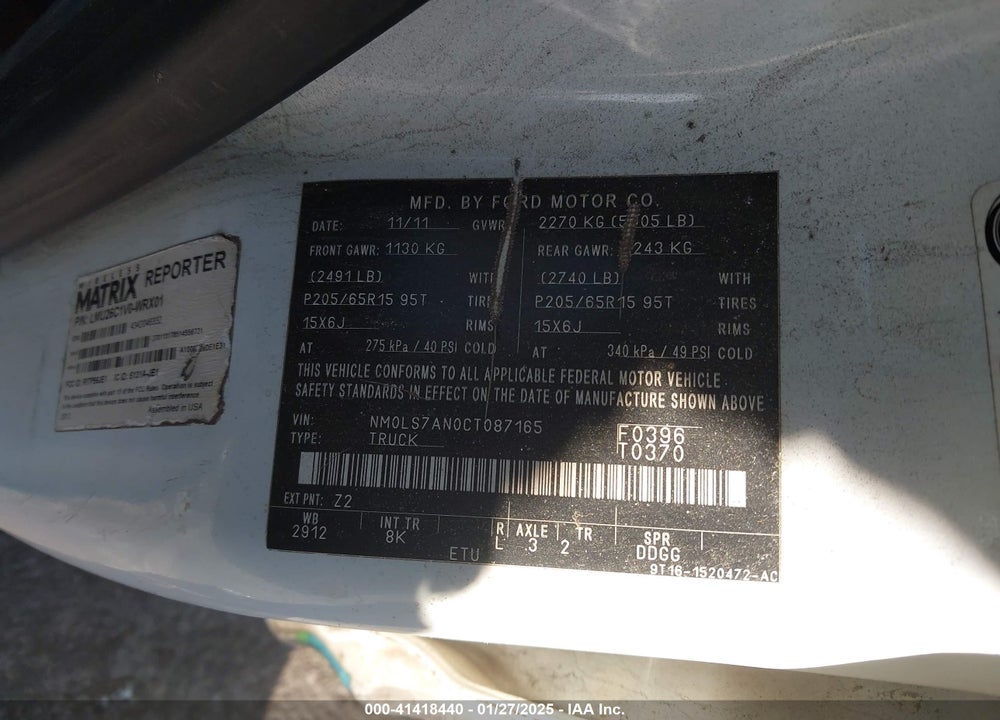 2012 FORD TRANSIT CONNECT XL VIN: NM0LS7AN0CT087165