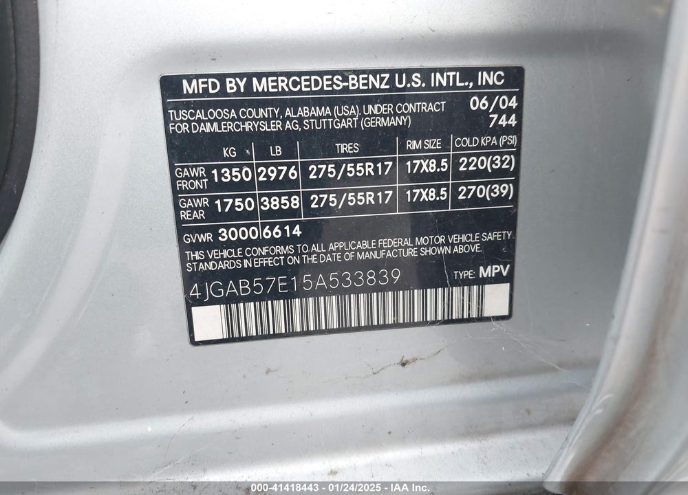 2005 MERCEDES-BENZ ML 350 4MATIC VIN: 4JGAB57E15A533839