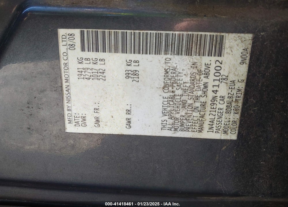 2009 NISSAN ALTIMA 2.5 S VIN: 1N4AL21E99N411002
