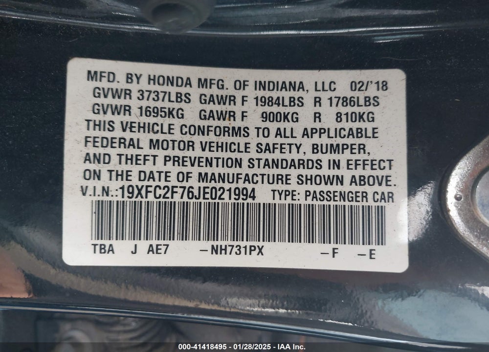 2018 HONDA CIVIC VIN: 19XFC2F76JE021994