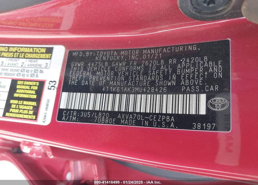 2021 TOYOTA CAMRY VIN: 4T1K61AK3MU428426