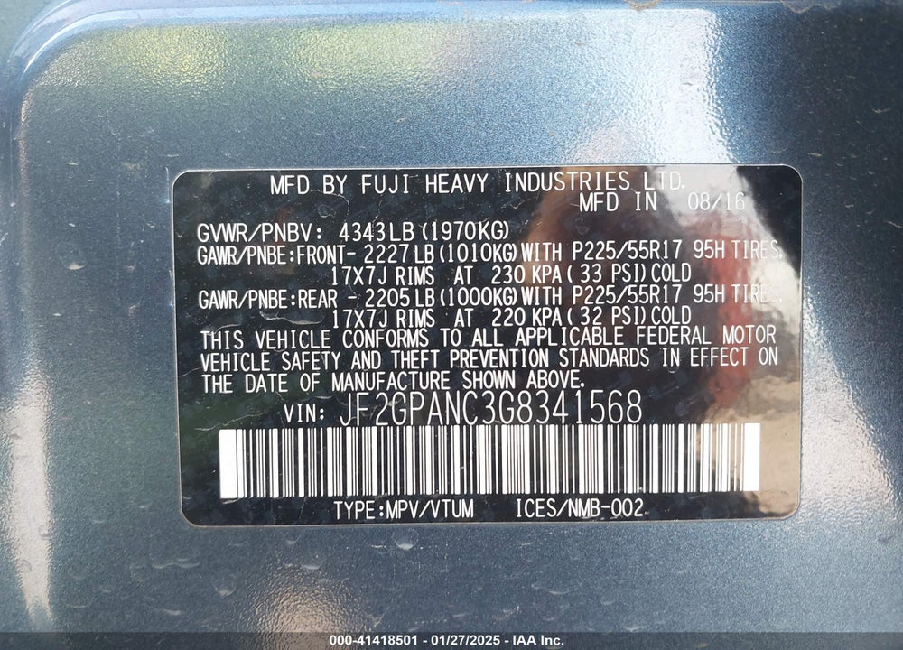 2016 SUBARU CROSSTREK VIN: JF2GPANC3G8341568