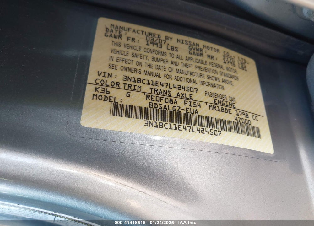 2007 NISSAN VERSA VIN: 3N1BC11E47L424507