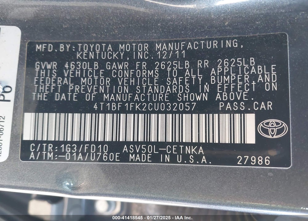 2012 TOYOTA CAMRY LE VIN: 4T1BF1FK2CU032057