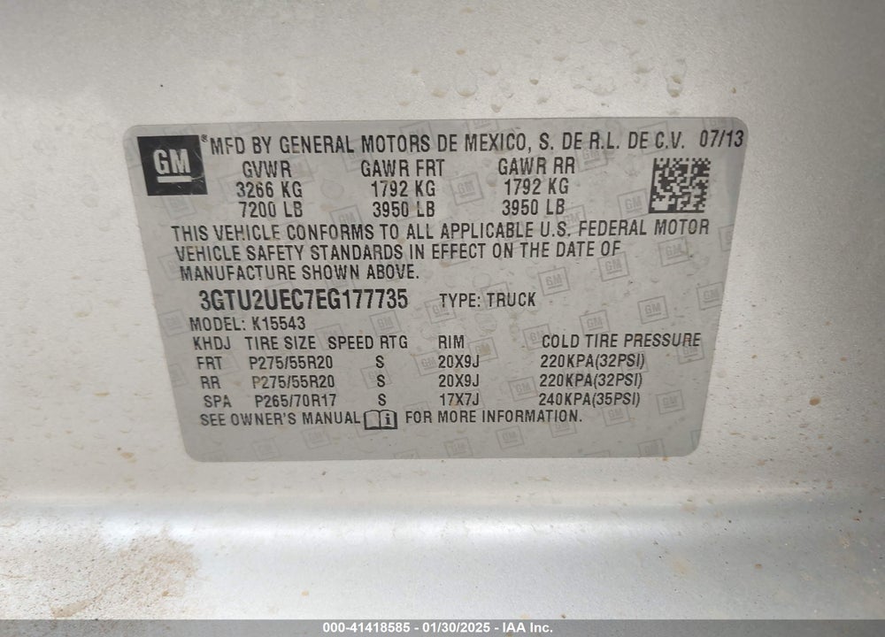 2014 GMC SIERRA VIN: 3GTU2UEC7EG177735