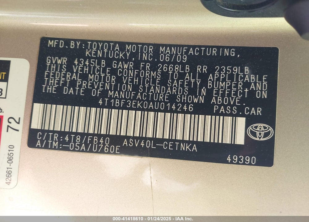 2010 TOYOTA CAMRY LE VIN: 4T1BF3EK0AU014246