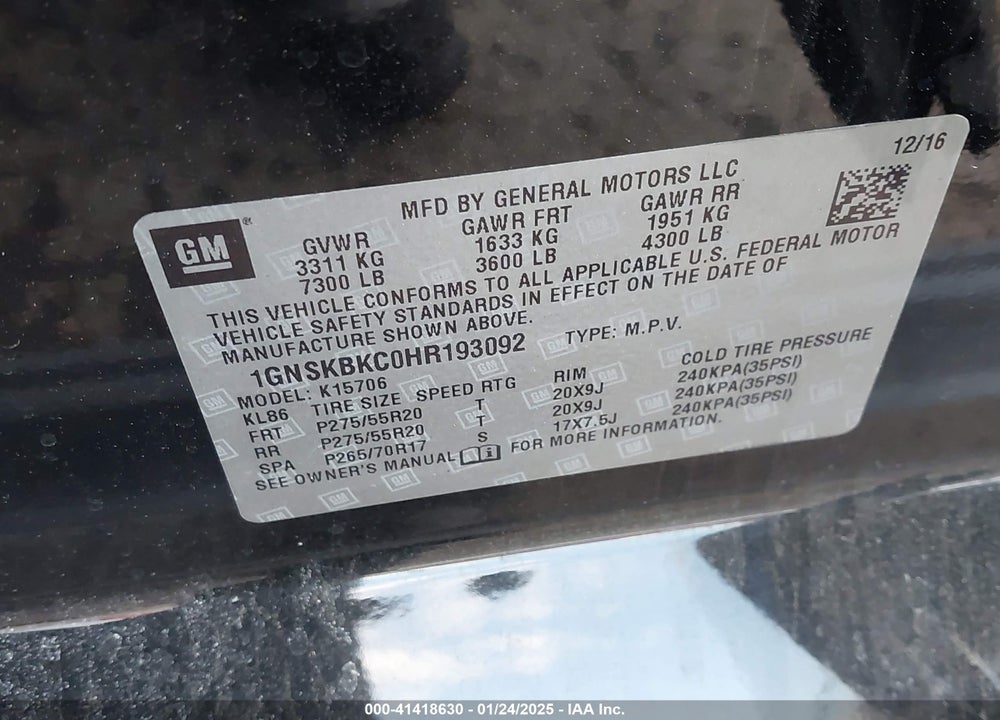 2017 CHEVROLET TAHOE LT VIN: 1GNSKBKC0HR193092