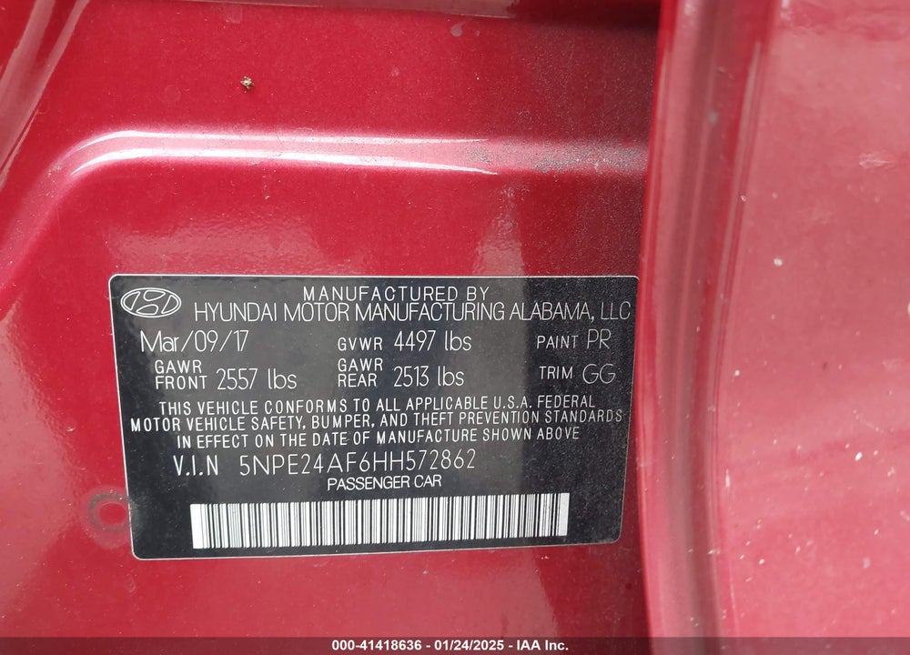 2017 HYUNDAI SONATA VIN: 5NPE24AF6HH572862
