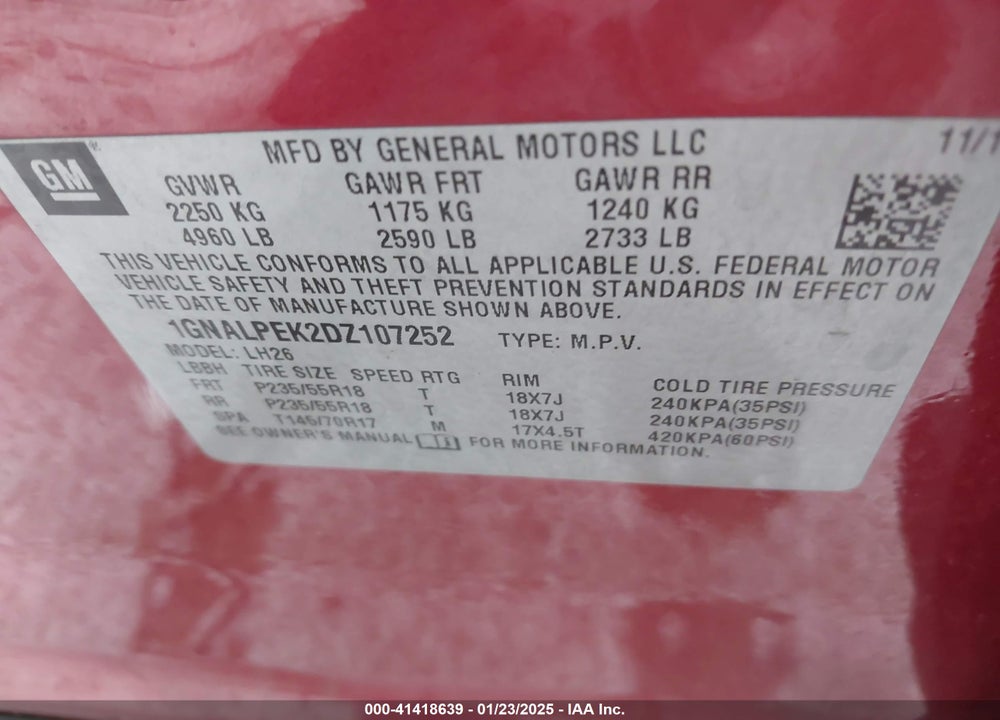 2013 CHEVROLET EQUINOX 2LT VIN: 1GNALPEK2DZ107252