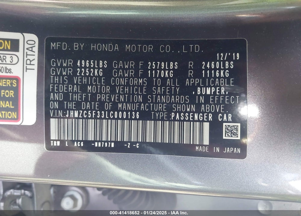 2020 HONDA CLARITY PLUG-IN HYBRID VIN: JHMZC5F33LC000136
