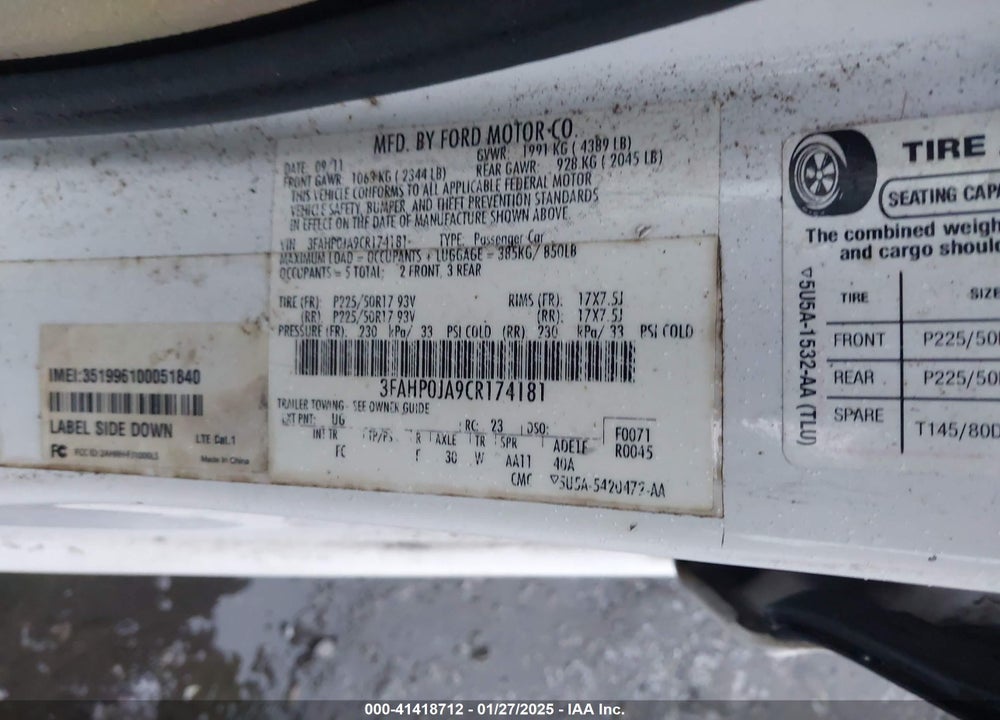 2012 FORD FUSION VIN: 3FAHP0JA9CR174181