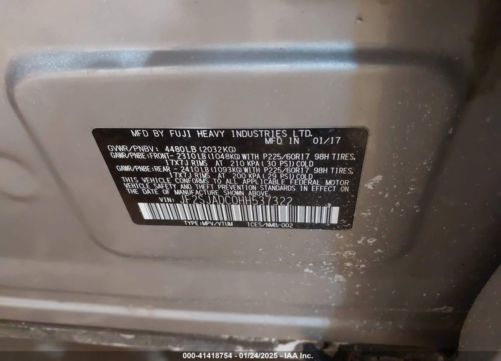 2017 SUBARU FORESTER 2.5I PREMIUM VIN: JF2SJADC0HH537322