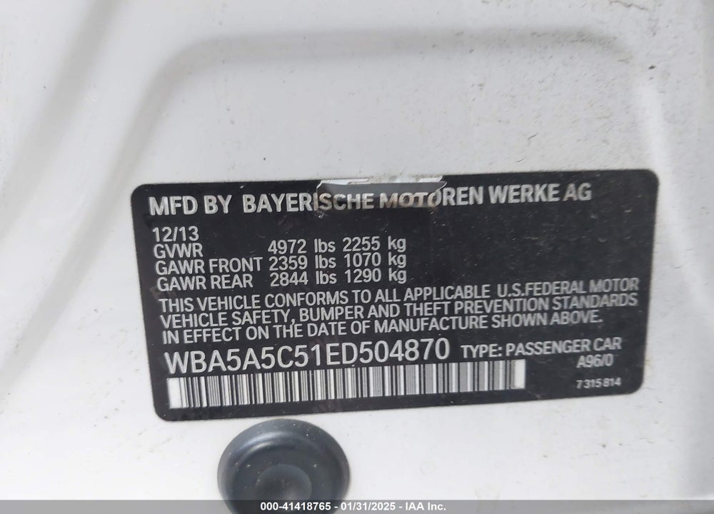 2014 BMW 528I VIN: WBA5A5C51ED504870
