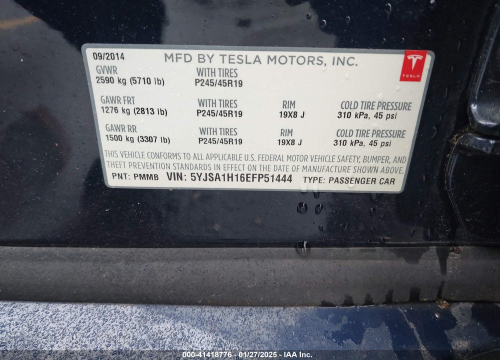 2014 TESLA MODEL S VIN: 5YJSA1H16EFP51444