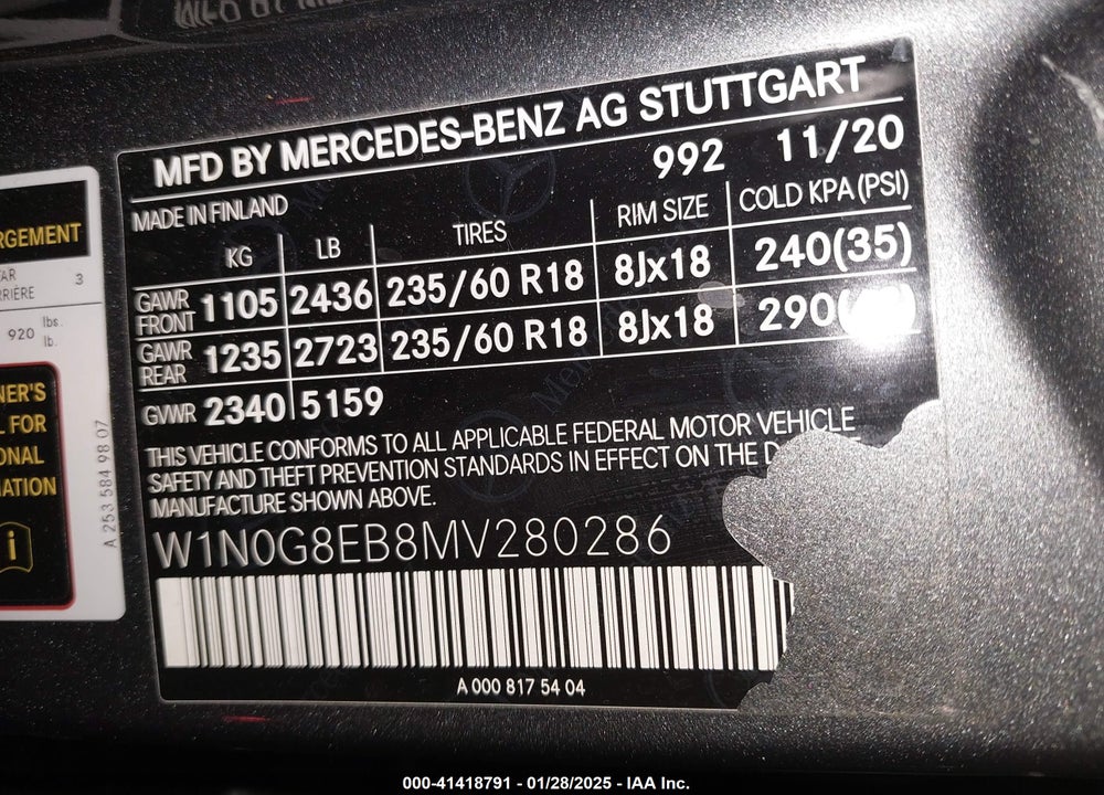 2021 MERCEDES-BENZ GLC 300 4MATIC SUV VIN: W1N0G8EB8MV280286