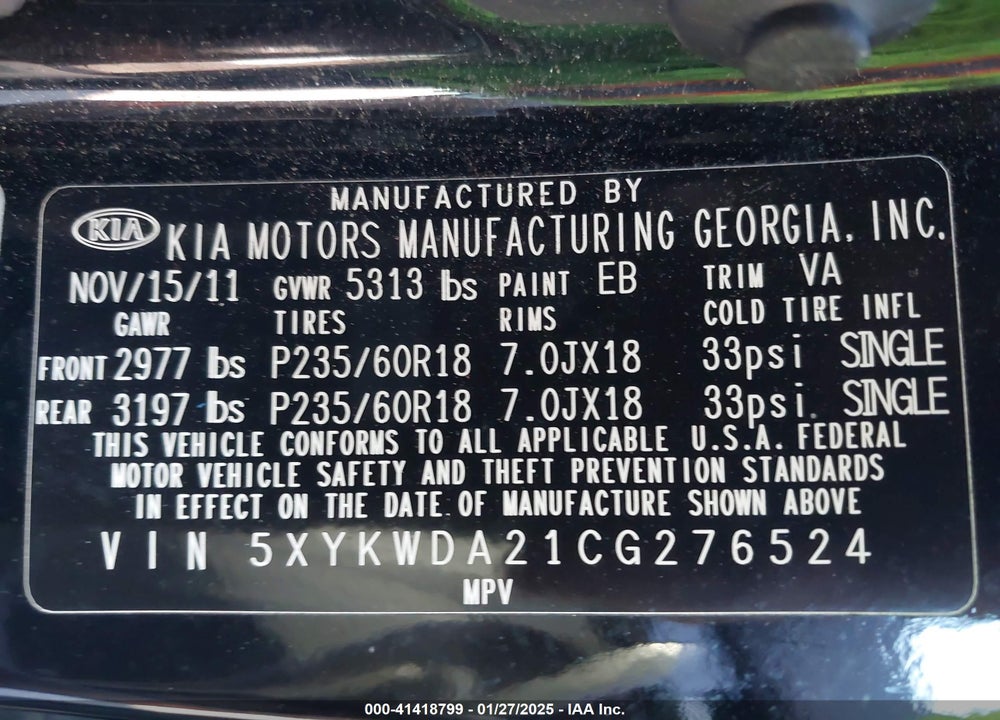 2012 KIA SORENTO VIN: 5XYKWDA21CG276524