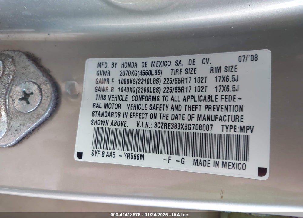 2008 HONDA CR-V LX VIN: 3CZRE383X8G708007