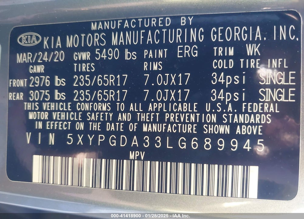 2020 KIA SORENTO 2.4L LX VIN: 5XYPGDA33LG689945
