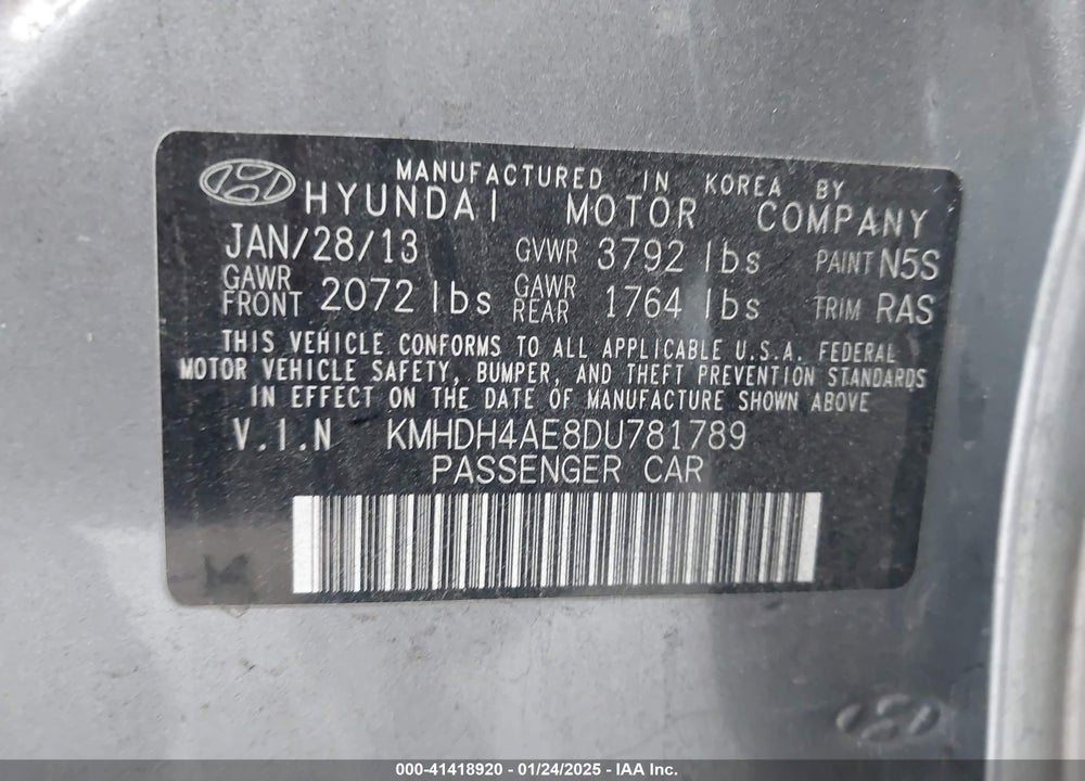 2013 HYUNDAI ELANTRA GLS (ULSAN PLANT) VIN: KMHDH4AE8DU781789