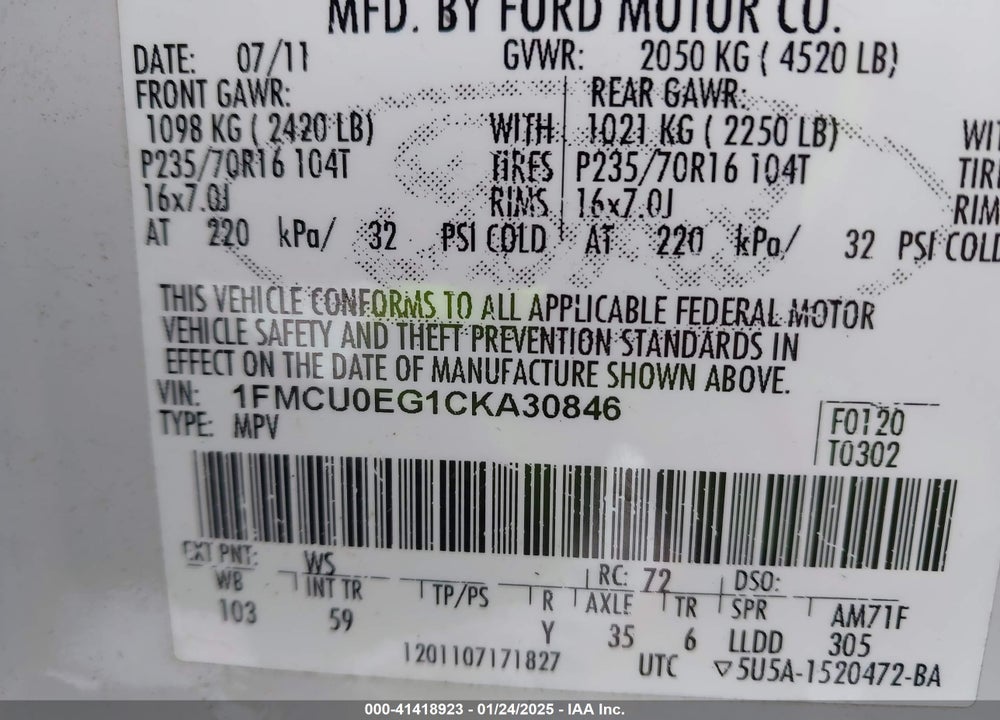2012 FORD ESCAPE LIMITED VIN: 1FMCU0EG1CKA30846