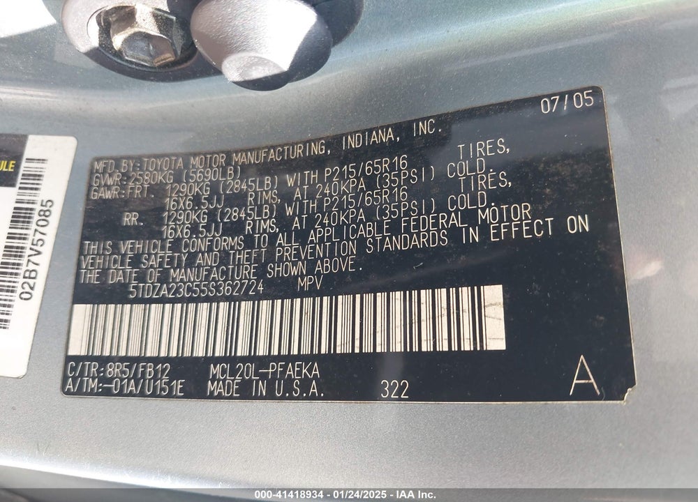 2005 TOYOTA SIENNA LE VIN: 5TDZA23C55S362724