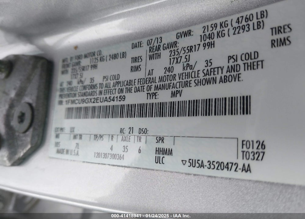 2014 FORD ESCAPE SE VIN: 1FMCU9GX2EUA54159
