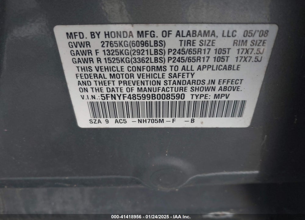 2009 HONDA PILOT EX-L VIN: 5FNYF48599B008590