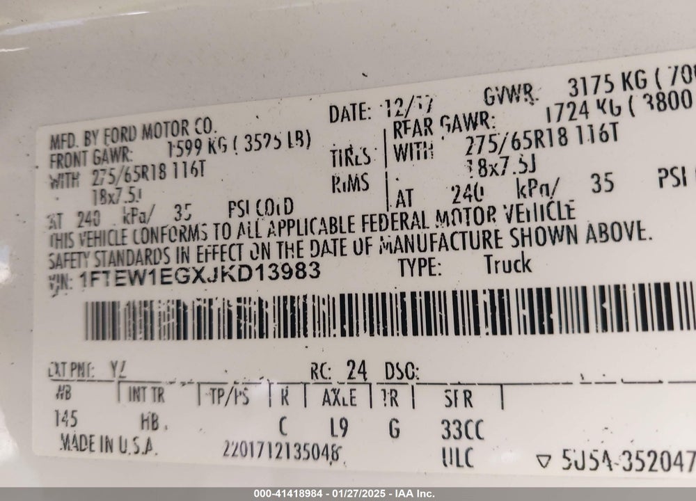 2018 FORD F-150 LARIAT VIN: 1FTEW1EGXJKD13983