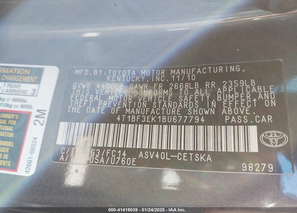 2011 TOYOTA CAMRY SE VIN: 4T1BF3EK1BU677794