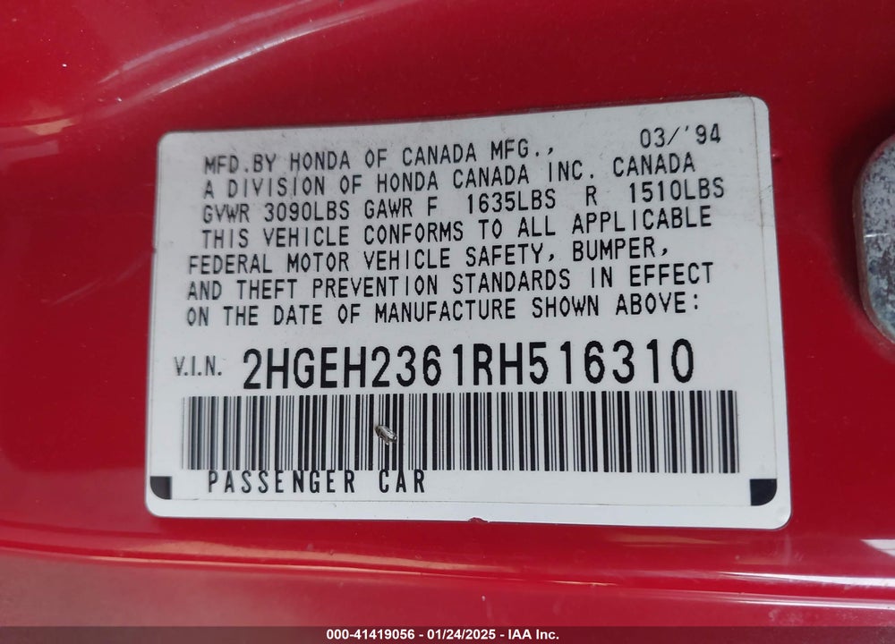 1994 HONDA CIVIC DX VIN: 2HGEH2361RH516310