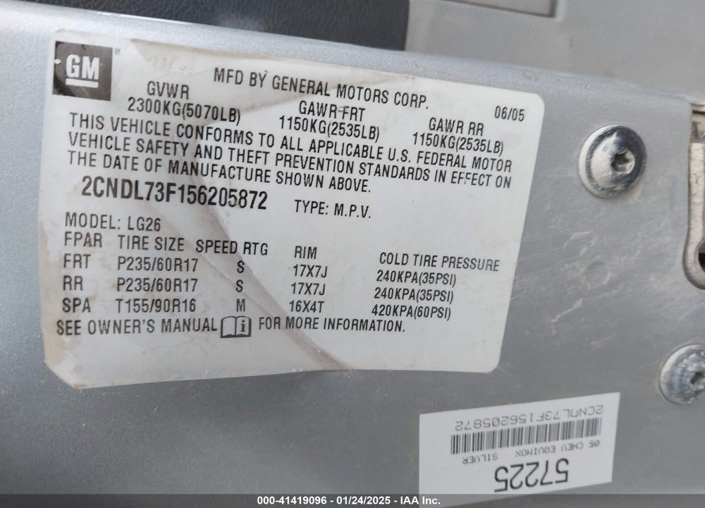 2005 CHEVROLET EQUINOX VIN: 2CNDL73F156205872