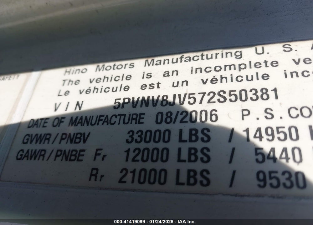 2007 HINO 338 VIN: 5PVNV8JV572S50381