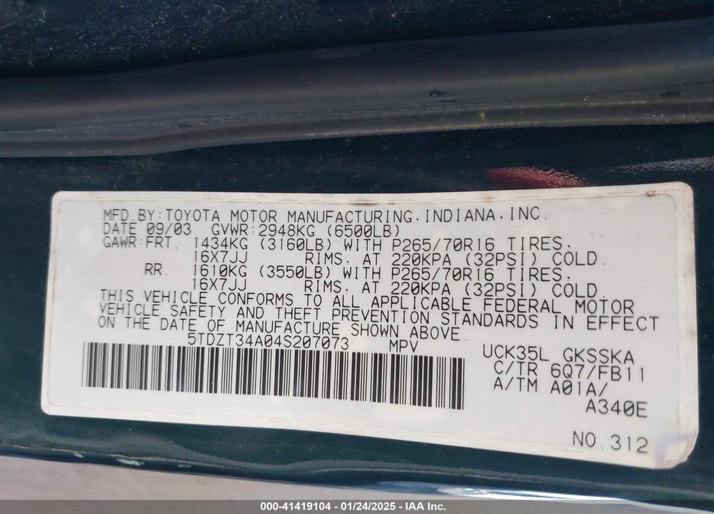 2004 TOYOTA SEQUOIA SR5 V8 VIN: 5TDZT34A04S207073