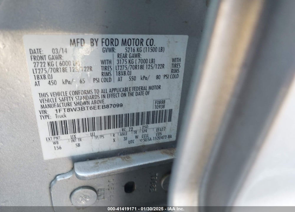 2014 FORD F-350 LARIAT VIN: 1FT8W3BT6EEB87099