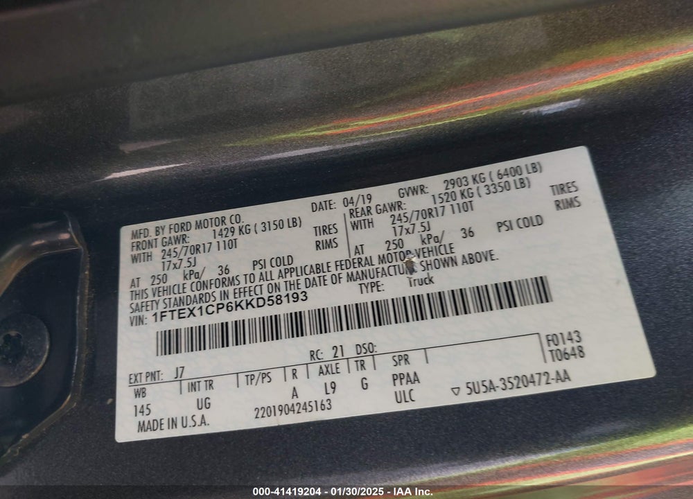 2019 FORD F-150 XLT VIN: 1FTEX1CP6KKD58193