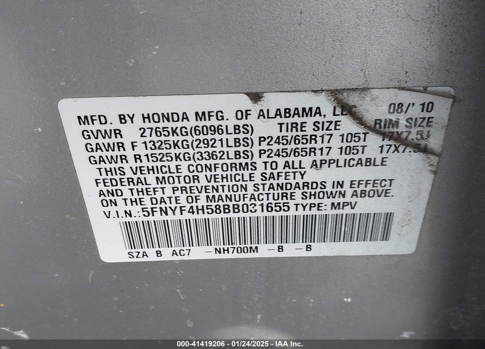 2011 HONDA PILOT EX-L VIN: 5FNYF4H58BB031655