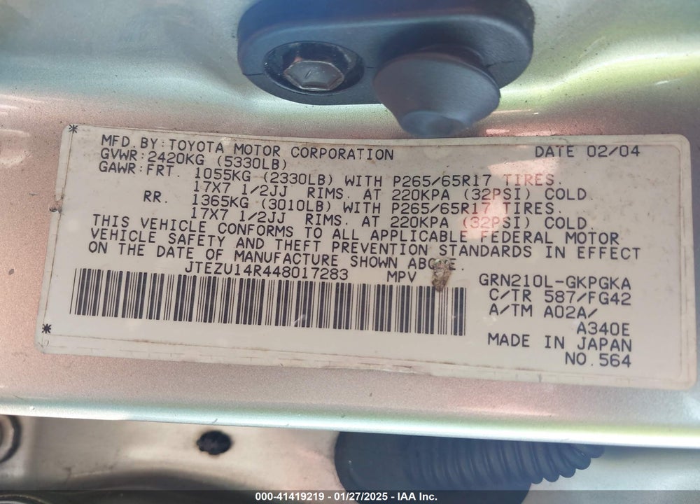 2004 TOYOTA 4RUNNER SR5 V6 VIN: JTEZU14R448017283