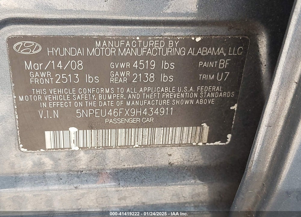 2009 HYUNDAI SONATA SE V6 VIN: 5NPEU46FX9H434911