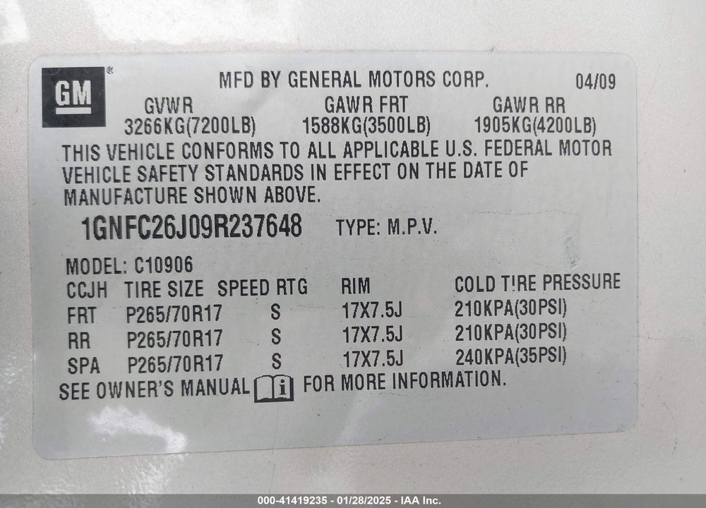 2009 CHEVROLET SUBURBAN 1500 VIN: 1GNFC26J09R237648